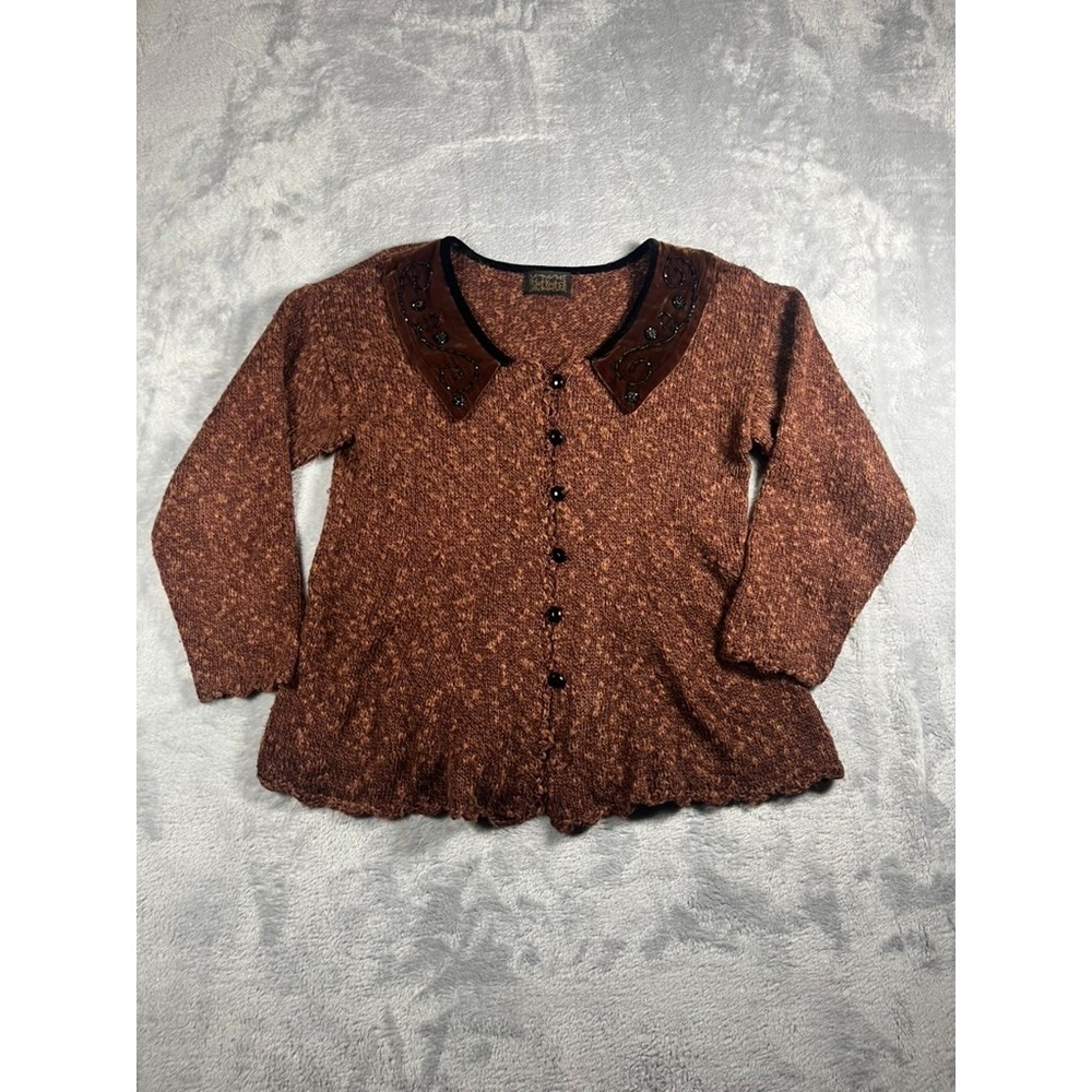Vintage Hot Knots Button-Up Sweater Jacket With Velvet Trim & Peplum Hem